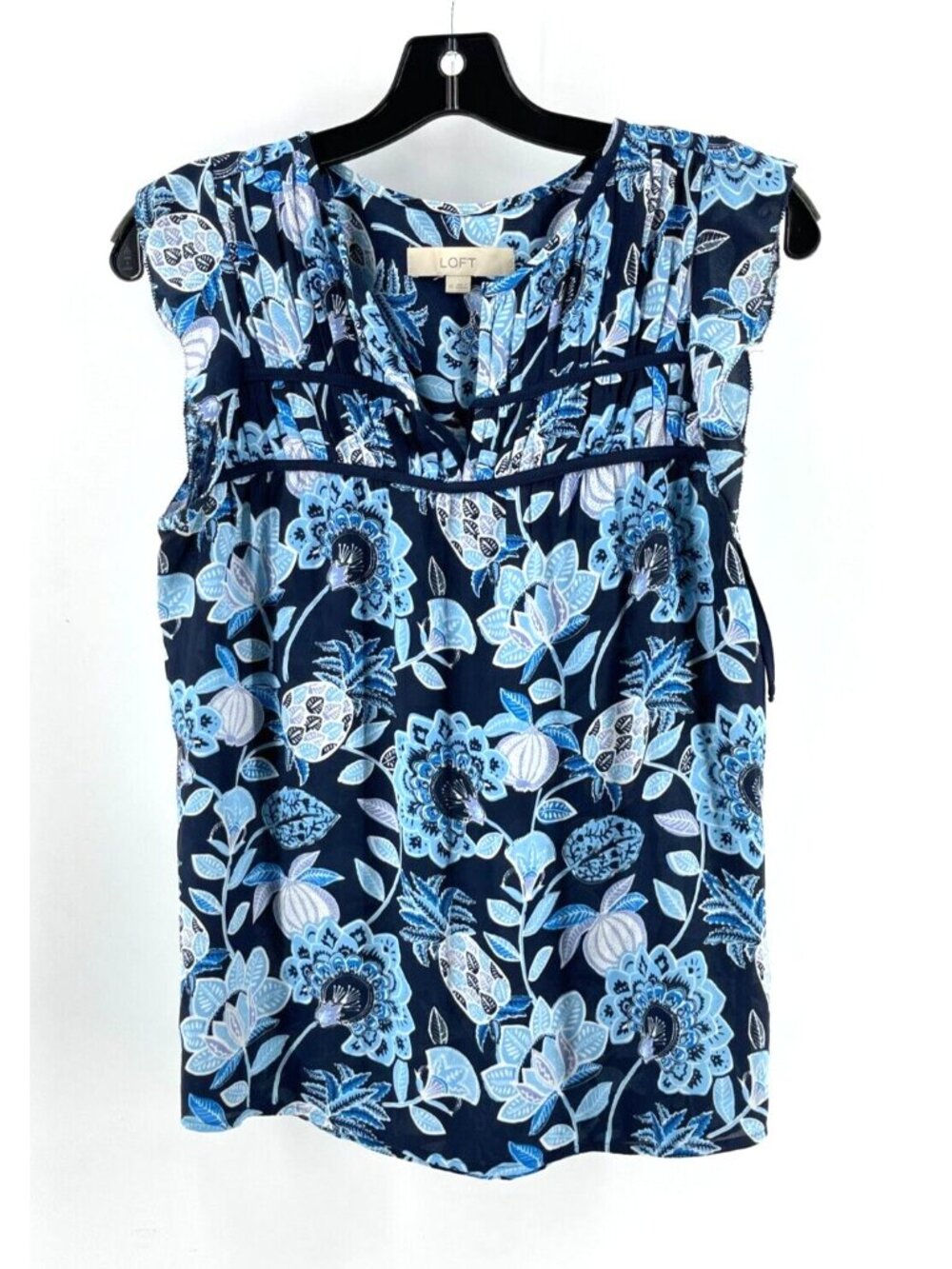 Ann Tayor Loft Women's Blue Floral Sleeveless Top Blouse V Neck Size XS